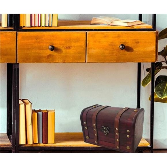 Wood and Leather Treasure Chest Box Decorative Storage Chest Box with Lock - Picture 2 of 7